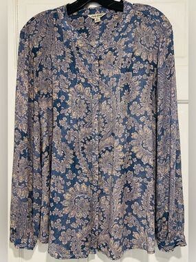 Lucky Brand Paisley Peasant Blouse XL Blue Peach Yellow 100% Rayon Boho Top